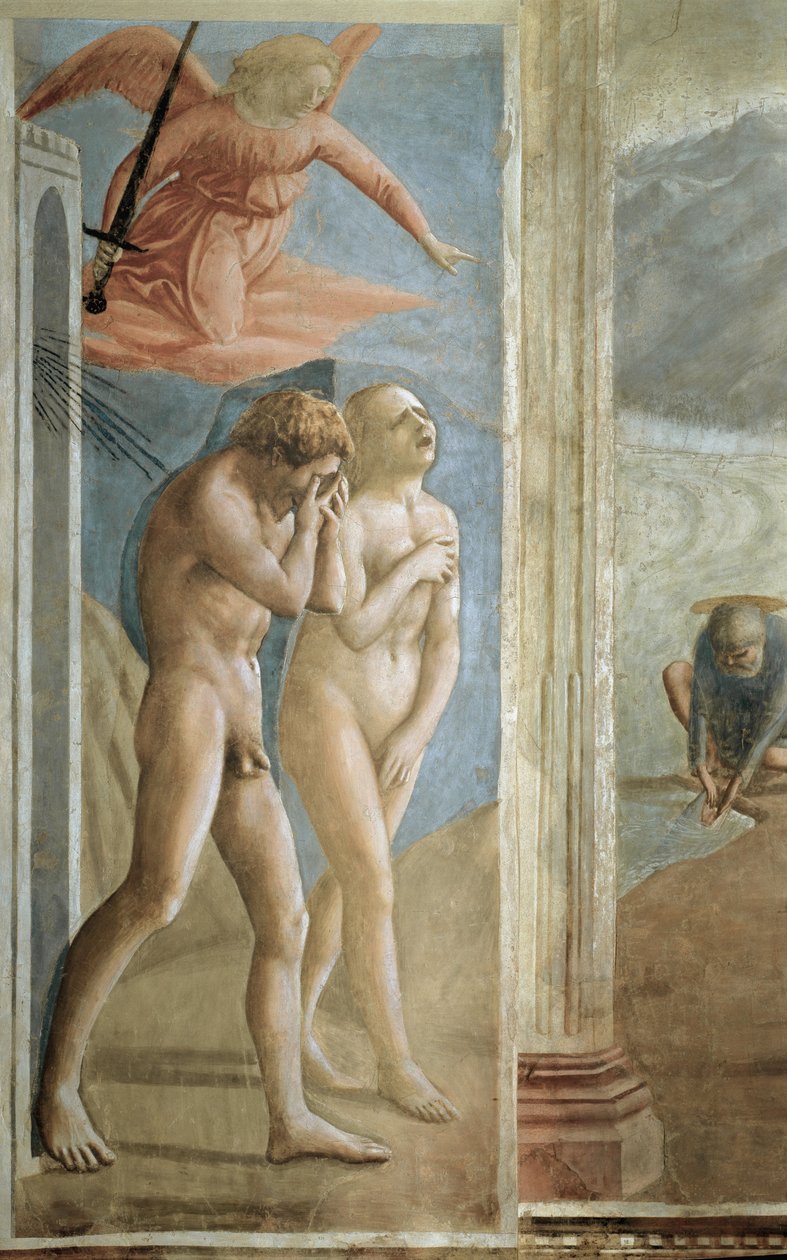 Udvisning fra Edens Have (La Cacciata) - Adam og Eva jager fra Edens Have - Fresco af Tommaso di ser Giovanni di Mone Cassai dit Masaccio (1401-1428), 208x88 cm af Tommaso Masaccio