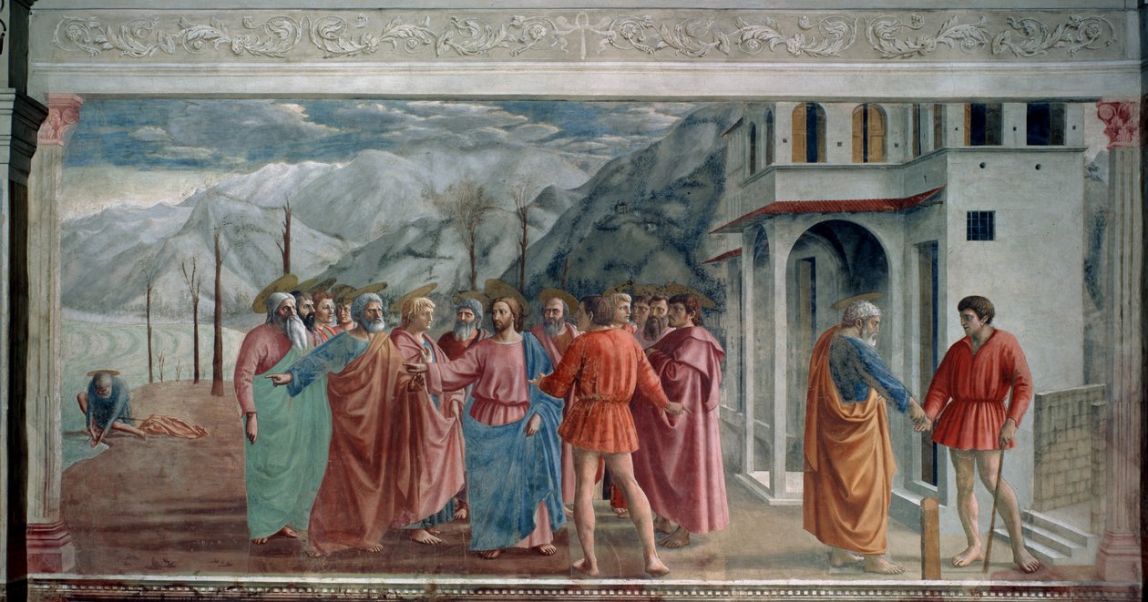 Betalingen af ​​hyldesten (The Tribute Money). Jesus og apostlene ankommer til Kapernaum (eller Kefar Nahum, byen Galilæa, i dag i Israel), hvor de skal betale skat for at komme ind. Til venstre forklarer Jesus til Peter, at han skal fange en fisk i af Tommaso Masaccio
