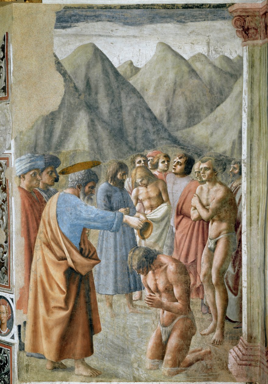 Sankt Peter døber neofyterne (St. Peter døber neofyterne) Fresco af Masaccio (Tommaso di ser Giovanni di Mone Cassai) (1401-1428) 1425-1427 Dim 229,9x161,9 cm Firenze Kirke Santa Maria del Carmine, Brancacci Kapel af Tommaso Masaccio