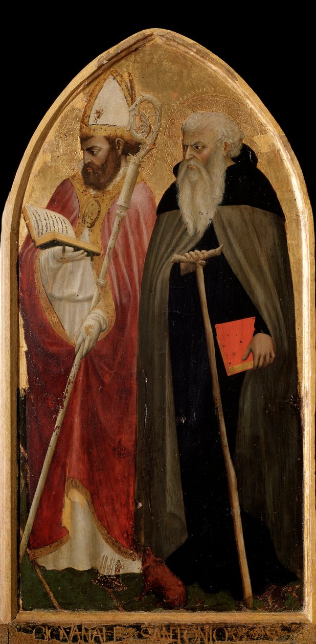 San Giovenale Triptykon: højre panel med Sankt Antonius den Store og Sankt Juvenal (Giovenale) - altertavle af Tommaso Masaccio