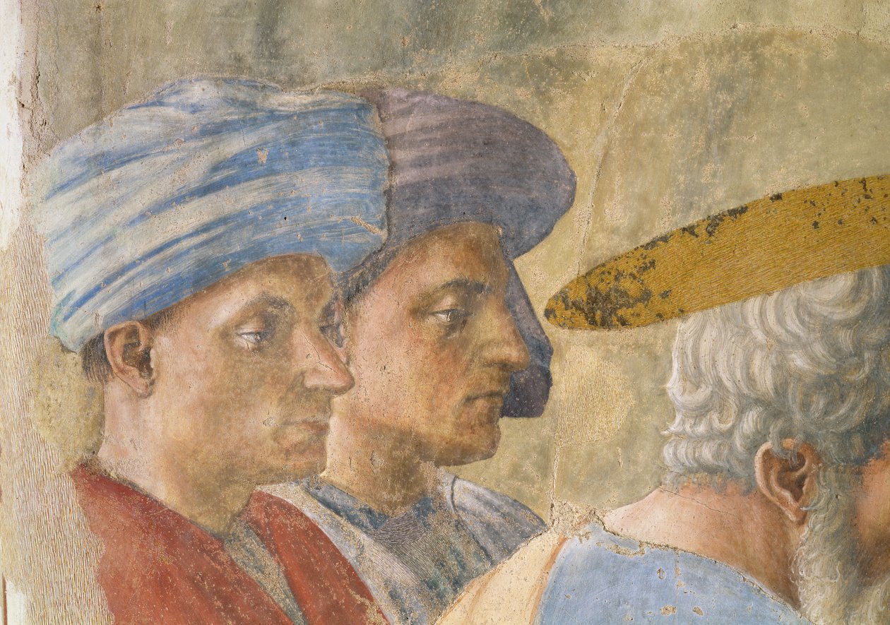 St. Peter, der døber neofytterne: detalje af to turbannede observatører, fresko omkring 1427 af Tommaso Masaccio