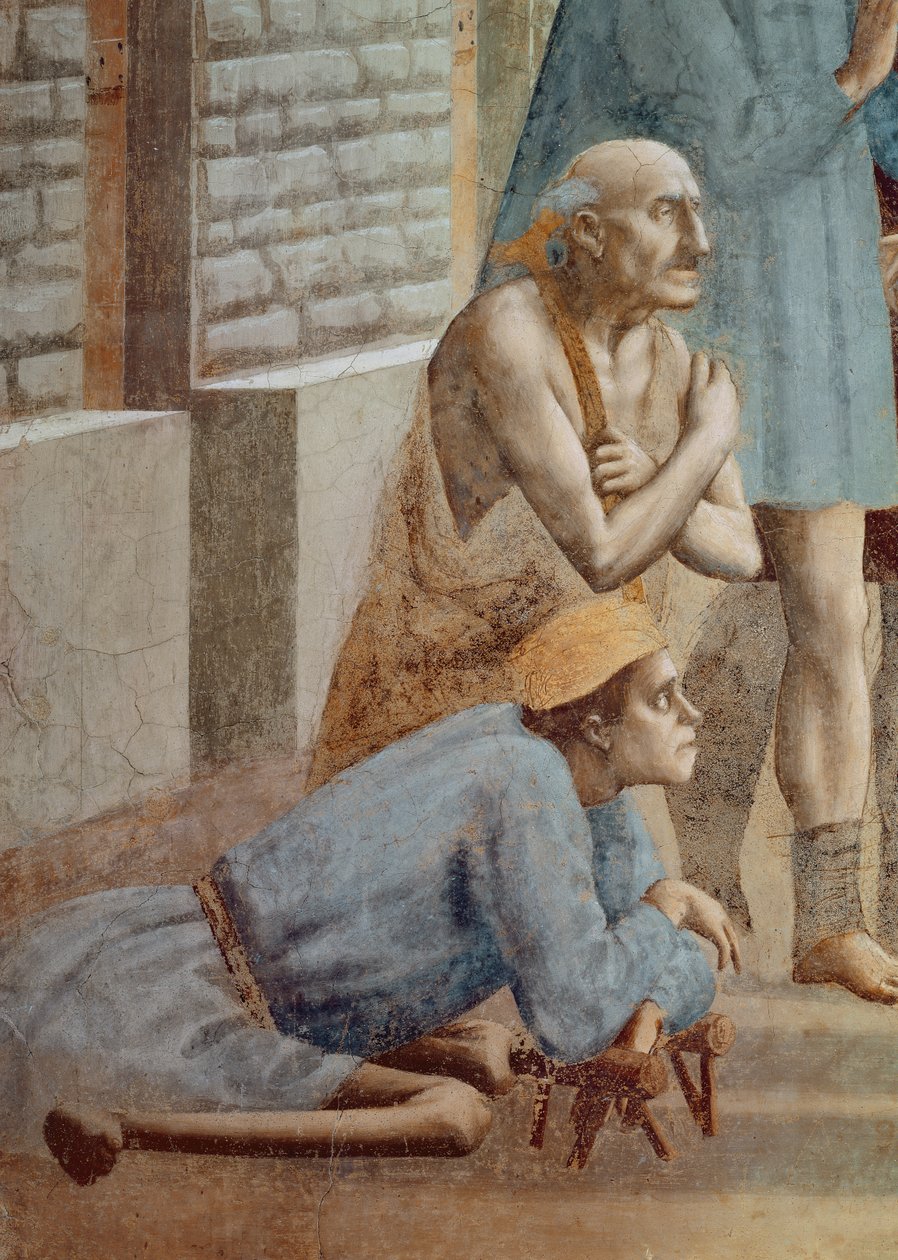 St. Peter Healing With His Shadow detalje af krøblingen, ca. 1427, se også 60321 & 63310 fresco af Tommaso Masaccio