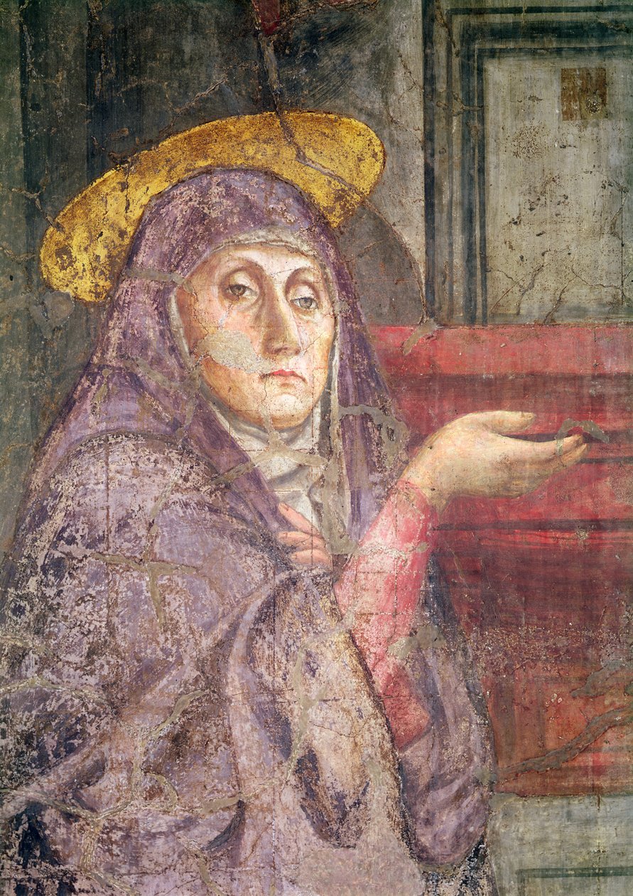 Den hellige treenighed, detalje af Jomfru Marias hoved, 1427-28 (detaljer fra 173689) af Tommaso Masaccio