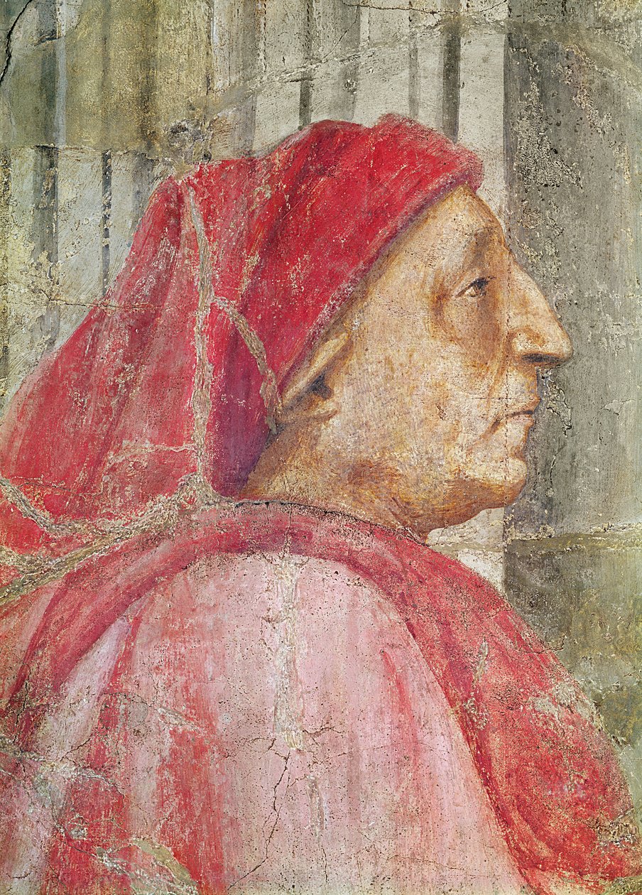 Den hellige treenighed, detalje af hovedet af den mandlige donor, 1427-28 freskodetalje af 173689 af Tommaso Masaccio