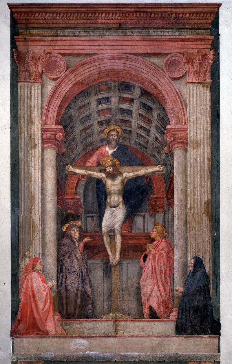 Treenighedsguden, Jesus Kristus korsfæster, omgiver Johannes og Jomfruen med to donorer - Fresco af Tommaso Masaccio