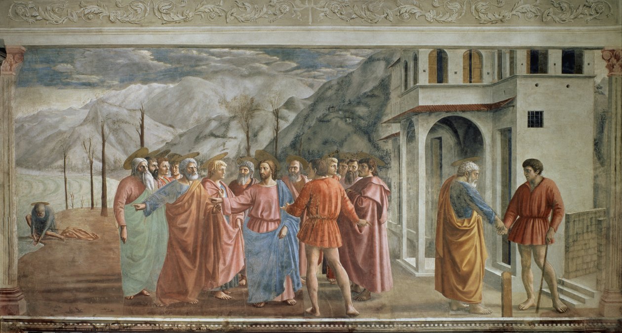 Hyldestpenge - Le paiement du tribut (Hyldesten) - Fresco af Tommaso di ser Giovanni di Mone Cassai dit Masaccio (1401-1428), 254,5x598,3 cm af Tommaso Masaccio
