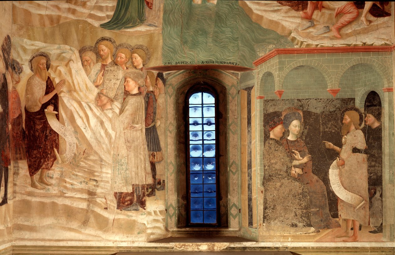 Episode af Johannes Døberens liv: prædikationen af Johannes Døberen i ørkenen og Johannes Døberen står over for en Herode - af Tommaso Masolino da Panicale