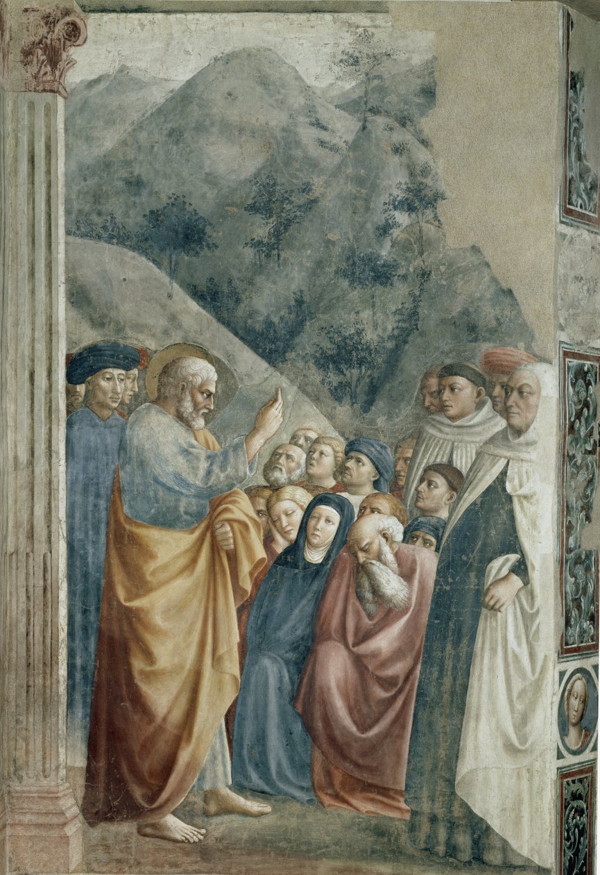 Prædikation af St. Peter - Fresco af Tommaso di Cristoforo Fini dit Masolino da Panicale (1383-omkring 1440), 255x162 cm, ca. 1425. Firenze, Santa Maria del Carmine-kirken, Brancacci-kapellet af Tommaso Masolino da Panicale