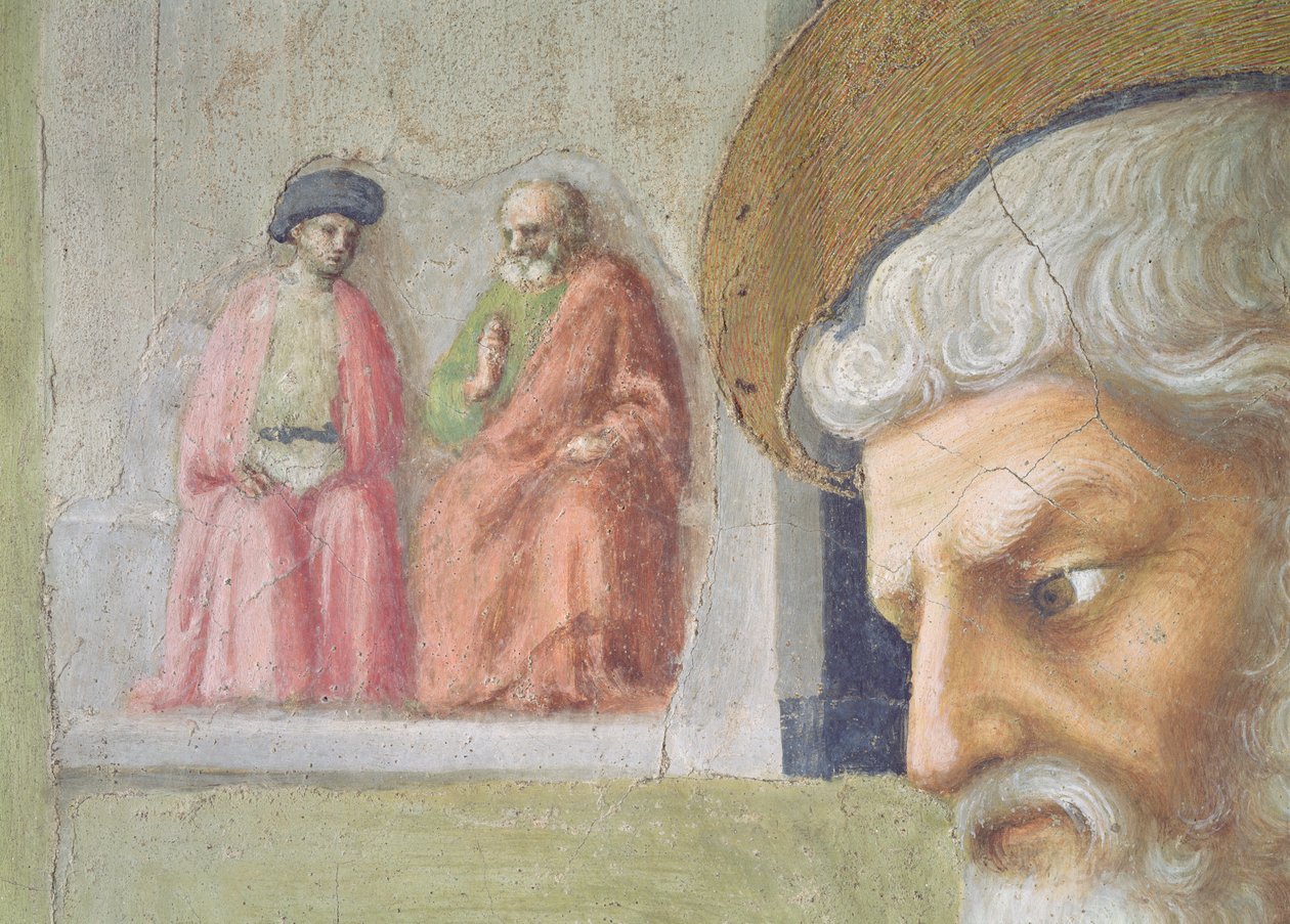 St. Peter helbreder en krøbling og rejsningen af Tabitha Detalje af hovedet af Skt. Peter med to siddende figurer i det fjerne, ca. 1427 fresco se også 57195 af Tommaso Masolino da Panicale