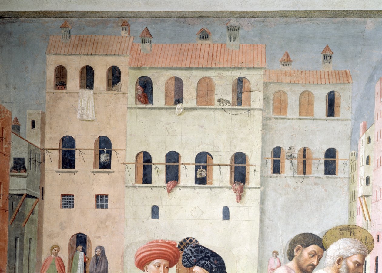 St. Peter, der helbreder en krøbling og opdragelsen af Tabitha. Detalje af baggrundsarkitekturen, ca. 1427 fresco se også 57195 af Tommaso Masolino da Panicale