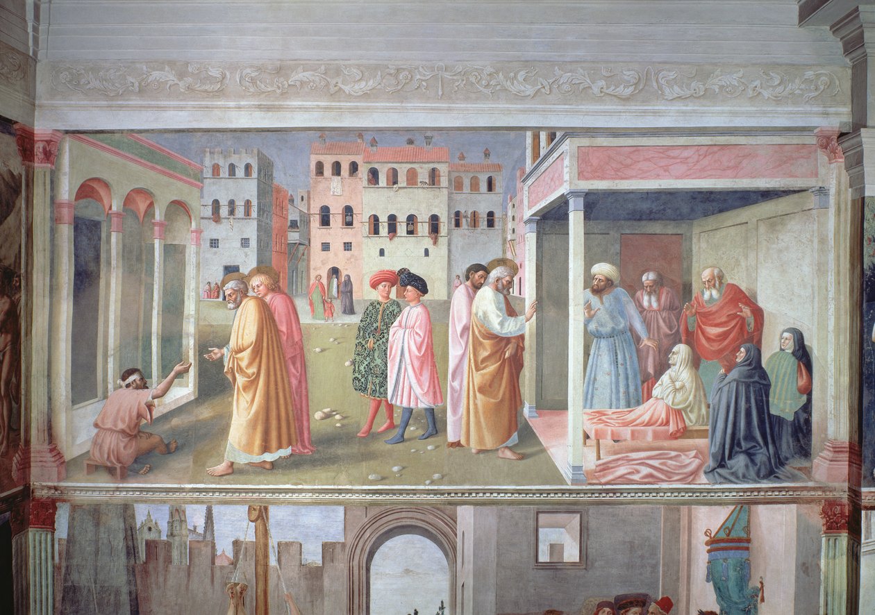 St. Peter helbreder en krøbling og rejsningen af Tabitha, ca. 1427 fresco se 60508 for detaljer om sidstnævnte af Tommaso Masolino da Panicale