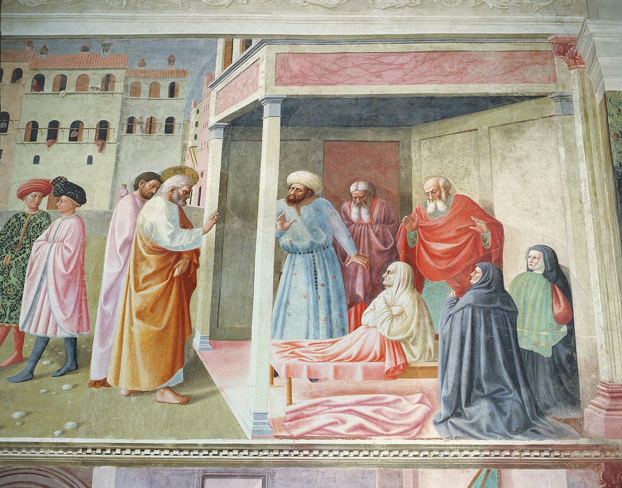 The Resurrection of Tabitha, ca. 1425-28 freskomaleri fra 57195 af Tommaso Masolino da Panicale