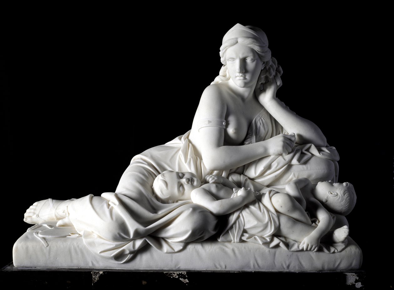 Medee tænker på at dræbe sine børn Marmorskulptur af Tommaso Solari (1820-1897) 1863. Dim. 60x80x38 cm Fra Prince Odone di savoias samling. Genes, Art Gallery Moderna, inv. 744 af Tommaso Solari