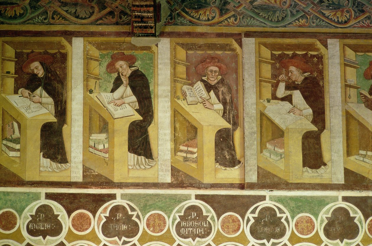 Fire dominikanske munke ved deres skriveborde, fra cyklussen af "Forty Illustrious Members of the Dominican Order", i kapitelhuset, 1342 af Tommaso da Modena