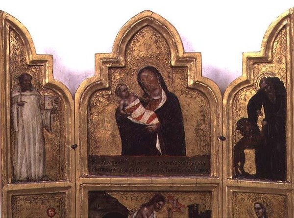 Madonna og barn med Skt. Benedikte og Skt. Hieronymus, øverste halvdel af triptykon (se også 78652) af Tommaso da Modena Barisino or Rabisino