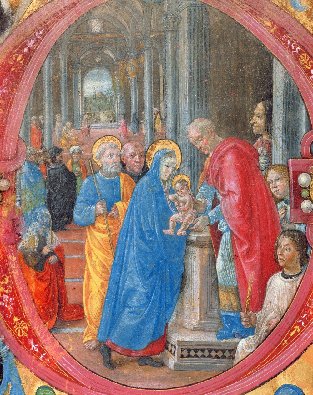 Corale B 26 c.113r Historikert initial C, der viser præsentationen i templet, med et portræt af Lorenzo den storslåede 1449-92 ved en søjle på højre side af pergamentdetalje fra 179198 af Tommaso di Baldassare