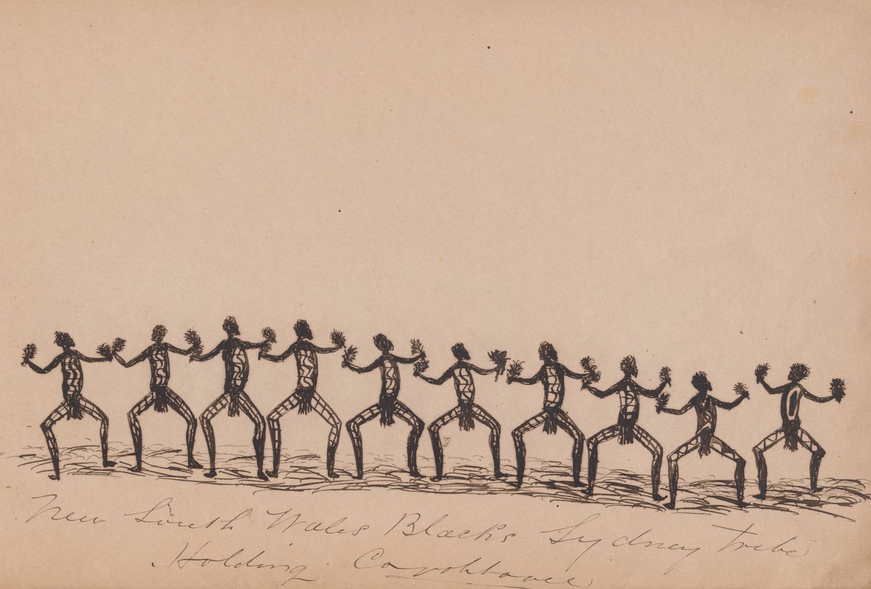 Kwatkwat -folk - New South Wales -sorte - Sydney -stamme, der holder corroboree -Sketchbook of Aboriginal -aktiviteter af Tommy McRae