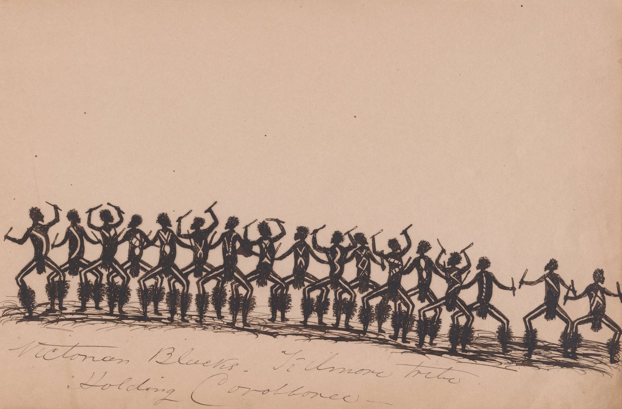 Kwatkwat -mennesker - victorianske sorte - Kilmore -stammen, der holder corroboree -Sketchbook of Aboriginal -aktiviteter af Tommy McRae