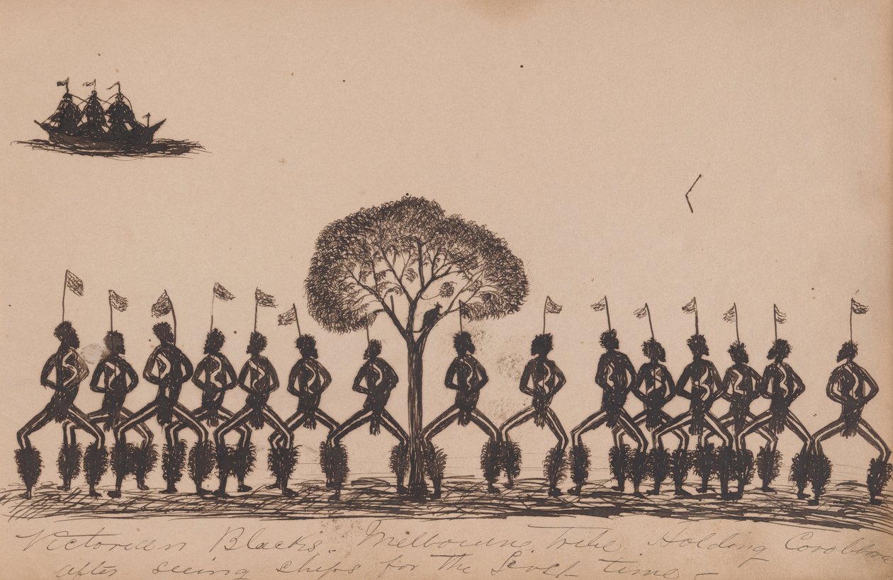 Kwatkwat -mennesker - victorianske sorte - Melbourne -stamme, der holder corroboree efter at have set skibe for første gang - Sketchbo ... af Tommy McRae