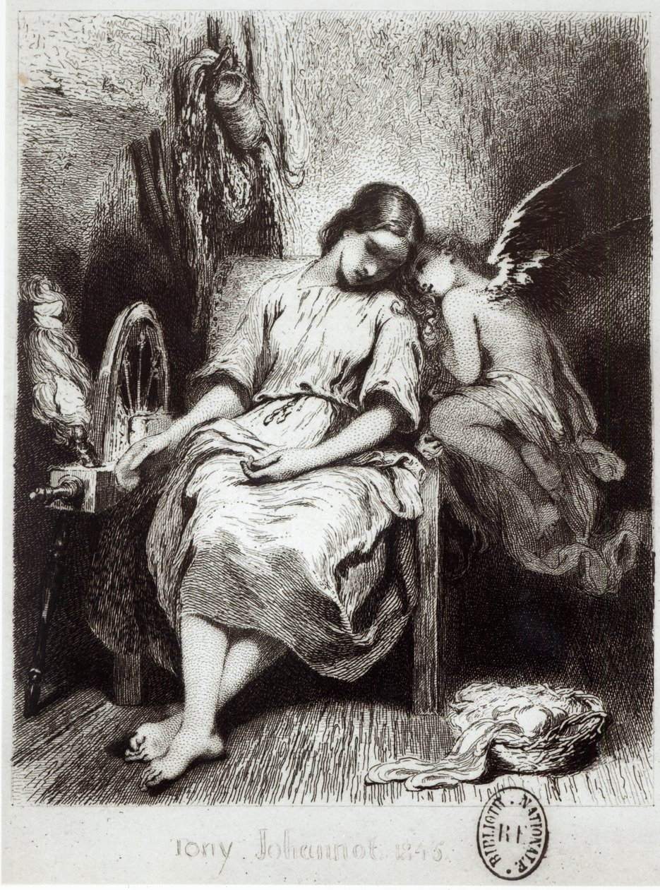 En ung kvinde døser med en engel, illustration fra 