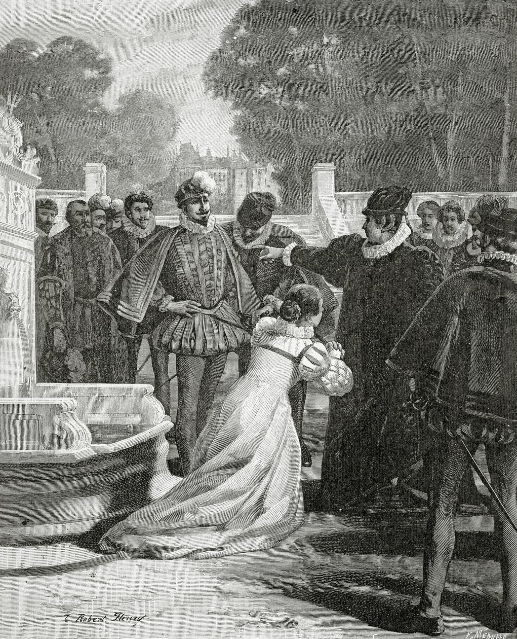 Dronning Elizabeth og jarlen af Leicester, 1800-tallet (bw-gravering) af Tony Robert Fleury