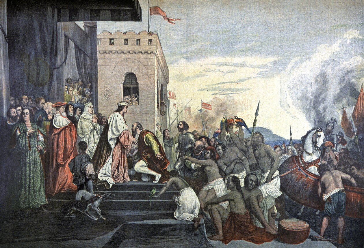 Modtagelse af Christopher Columbus ved det spanske hof i Barcelona af Tony (after) Robert Fleury