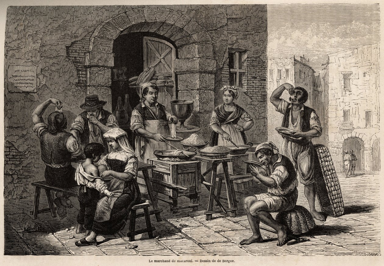 Makaronihandleren, tegning af Bergue, for at illustrere Napoli og napolitanerne, i 1861, af Marc Monnier (1829-1885). Stik i “” Le tour du monde”” 1861. Selvas samling. af Tony Francois de Bergue