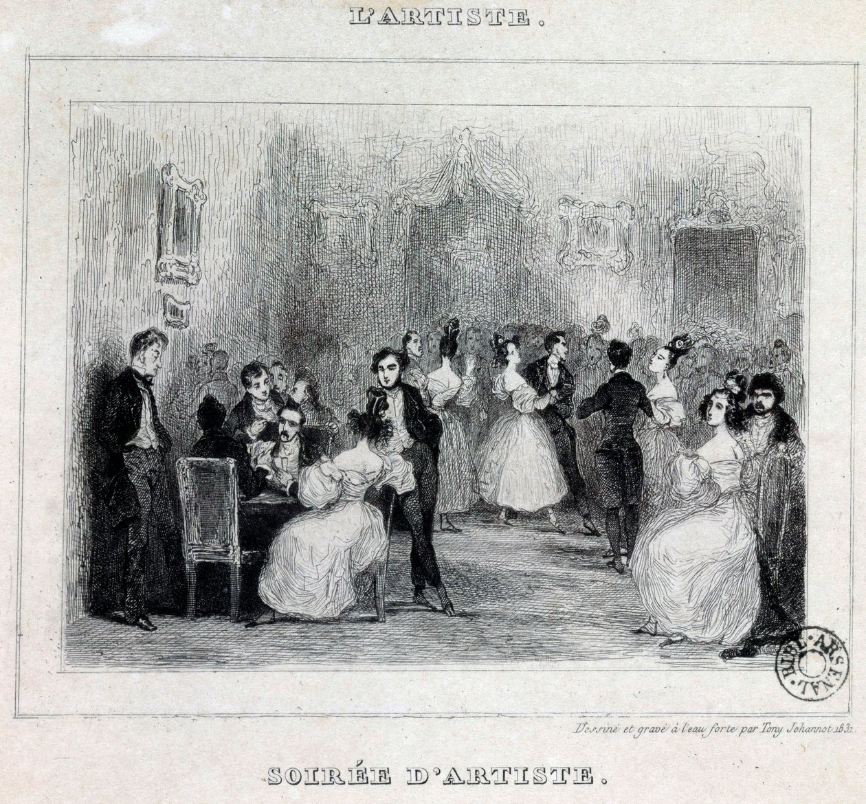 En kunstneraften: bold og kortspil under en borgerlig aften Tegning af Antoine Johannot dit Tony Johannot (1803-1852) 1831 Paris, Bibliotheque de l