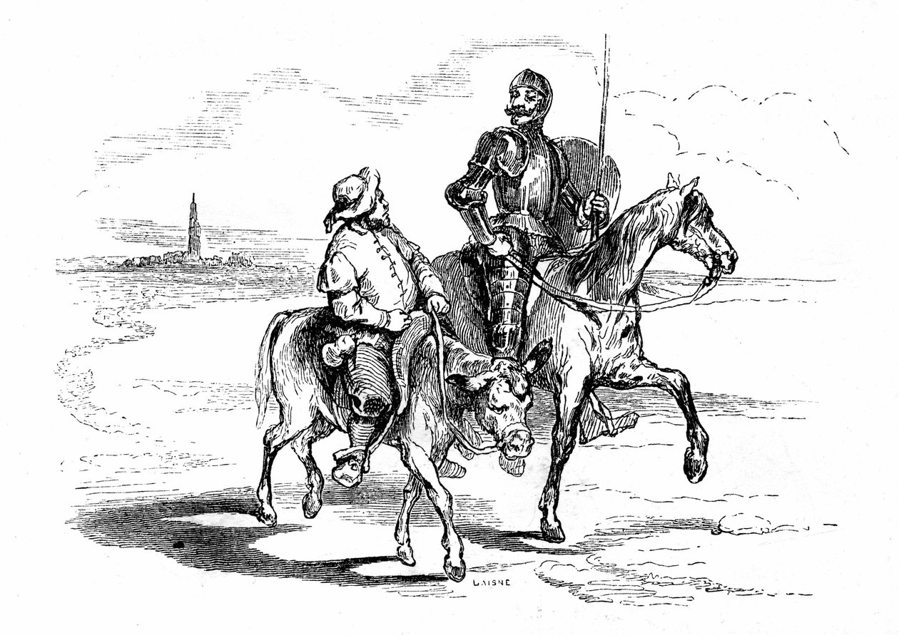 Don Quixote (Qijote, Quixote) rider på sin hest Rossinante med sin fidele squiyer Sancho Panza (Panca) på sit æsel. Illustration af Cervantes