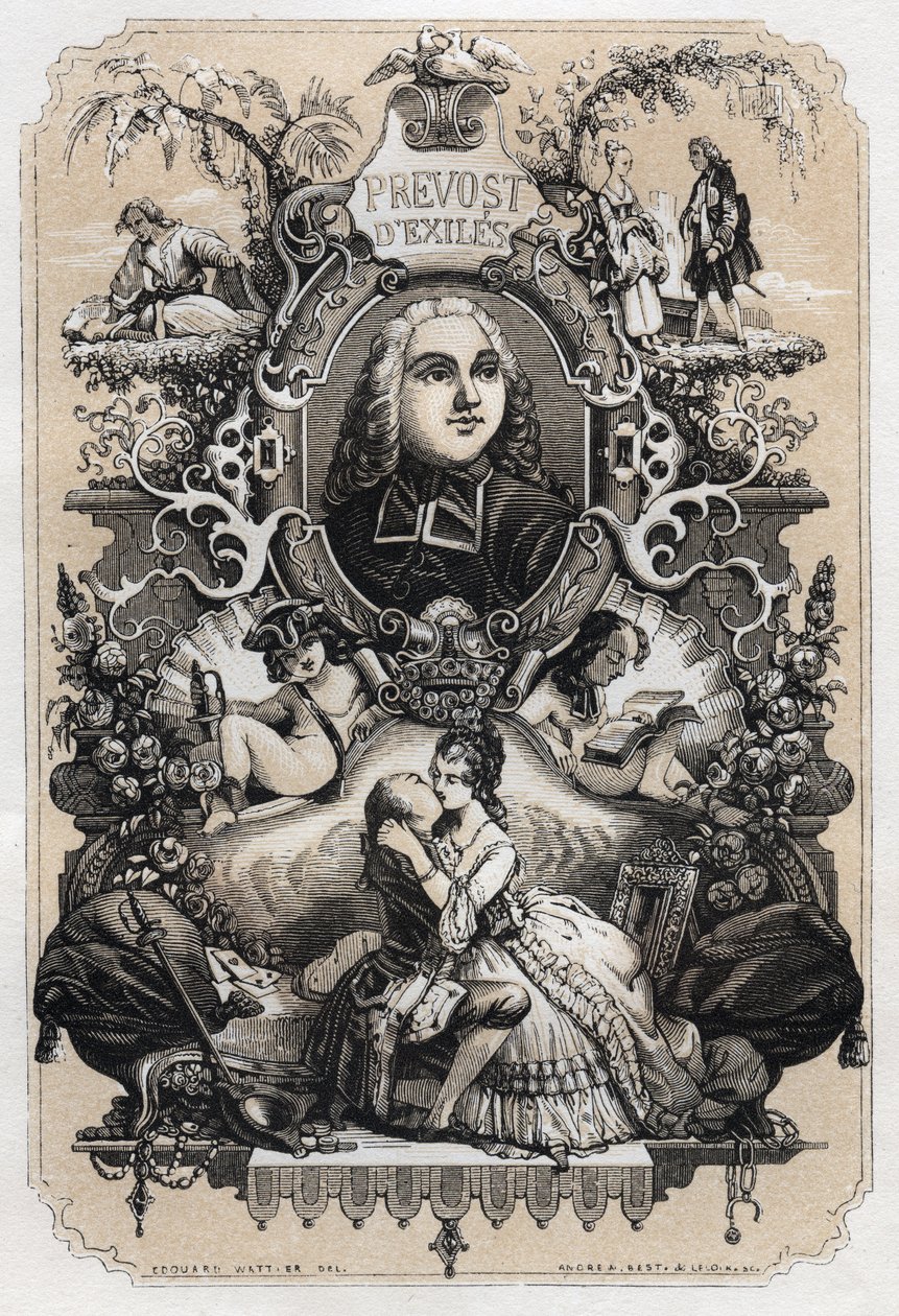 Frontispice af "Histoire de Manon Lescaut et du Chevalier Des Grieux" af Abbe Prevost (Antoine Francois Prevost) (1697-1763) - Udgave af 1839 illustreret af Tony Johannot (1803-1852) af Tony Johannot