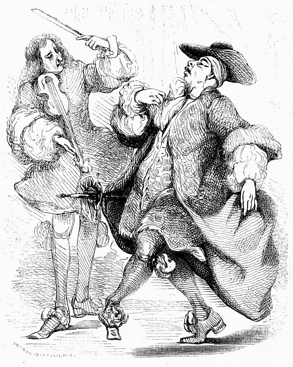 Moliere: Den borgerlige herre, hr. Jourdain, danser under ledelse af sin musikmester. Stik af Tony Johannot i udgaven af de samlede værker, Paulin 1836. af Tony Johannot