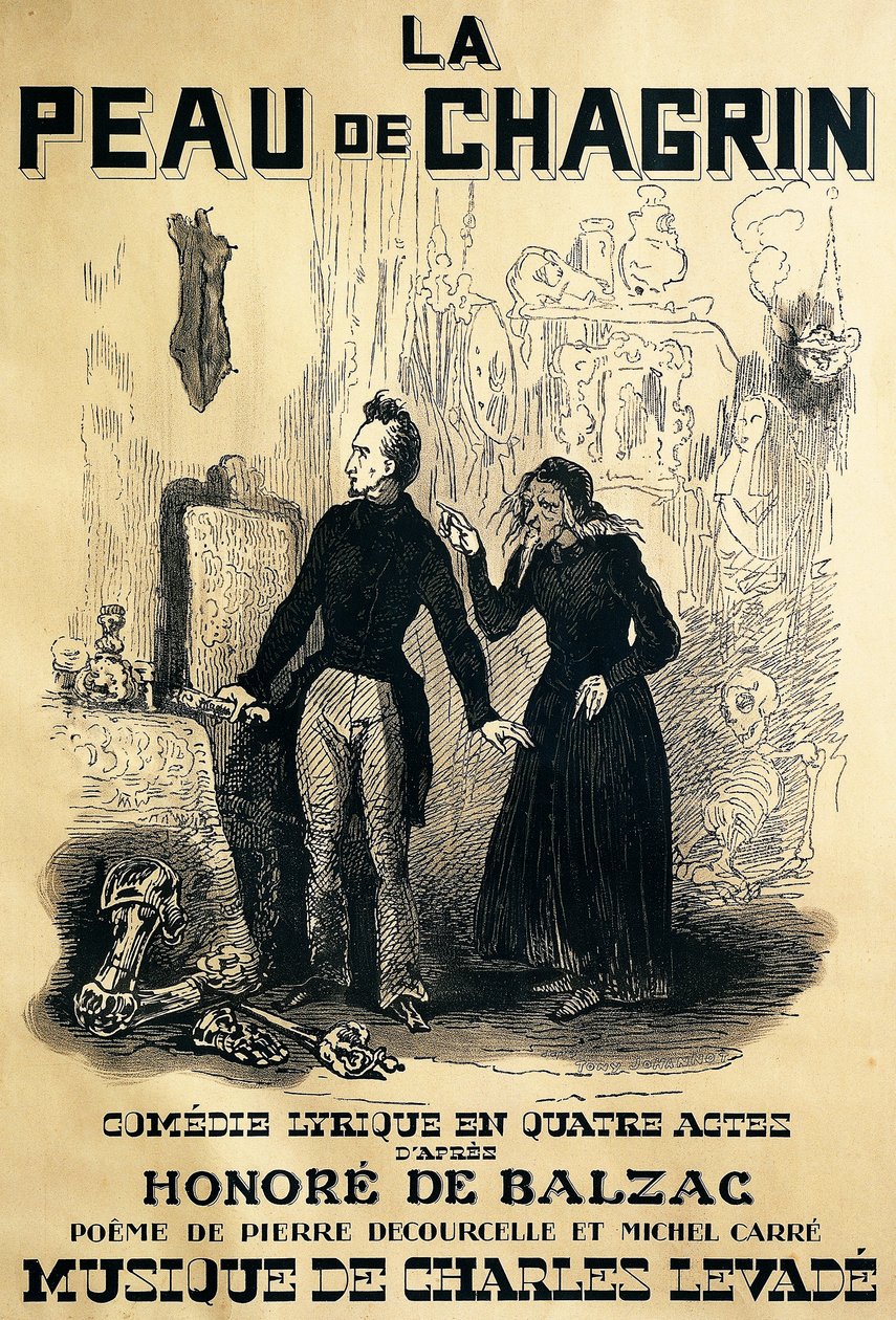 Plakat for Le peau de chagrin, komisk opera, libretto af Pierre Decourcelle og Michel Carre, musik af Charles Levade, fra roman af Honore De Balzac, Tegning af Tony Johannot af Tony Johannot