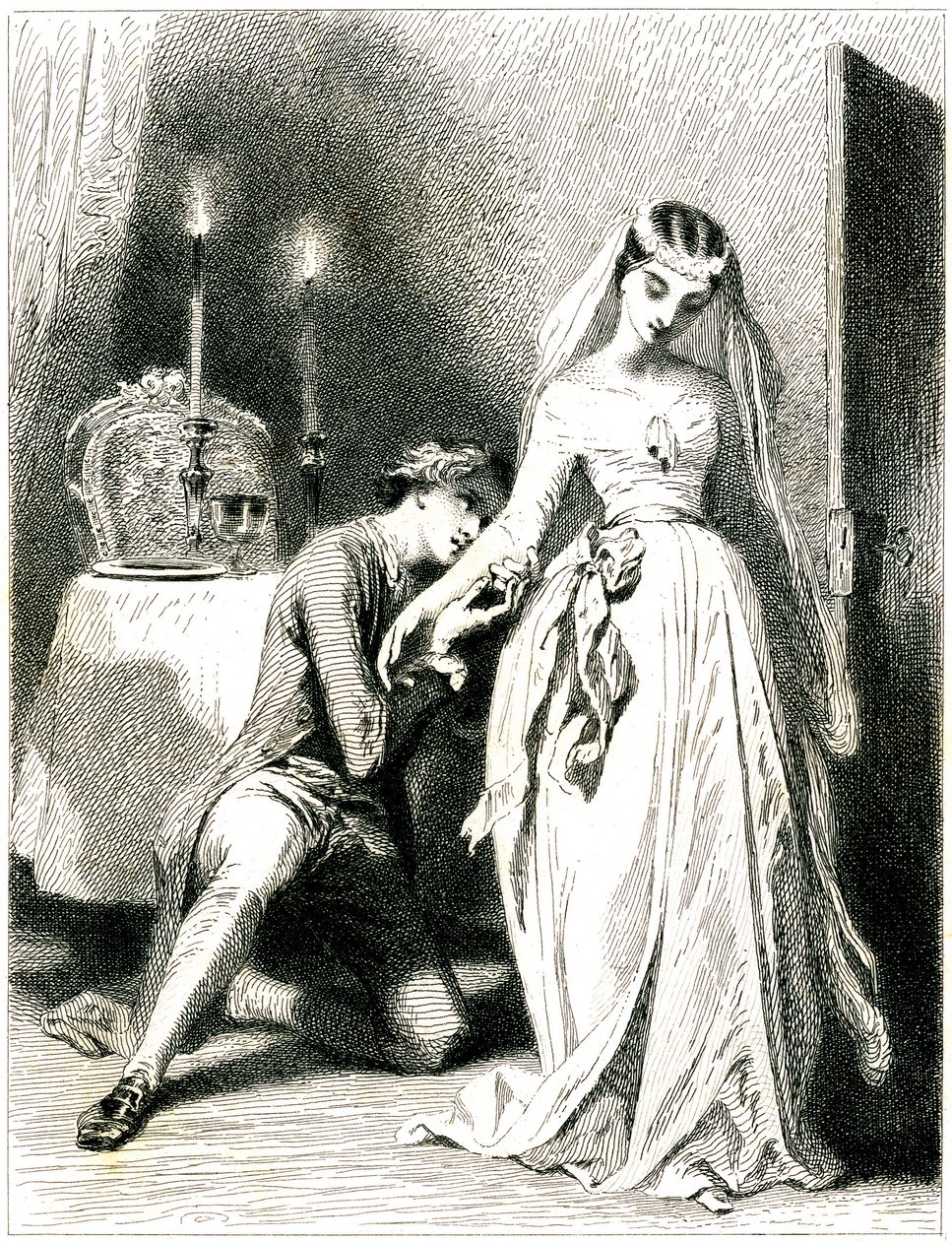 Sukkende elsker knæler for fødderne af sin smukke forlovede i et interiør med stearinlys - pige i romantisk kjole og frisure - kobberstik (radering 1845) af Tony Johannot (Antoine Johannot dit af Tony Johannot