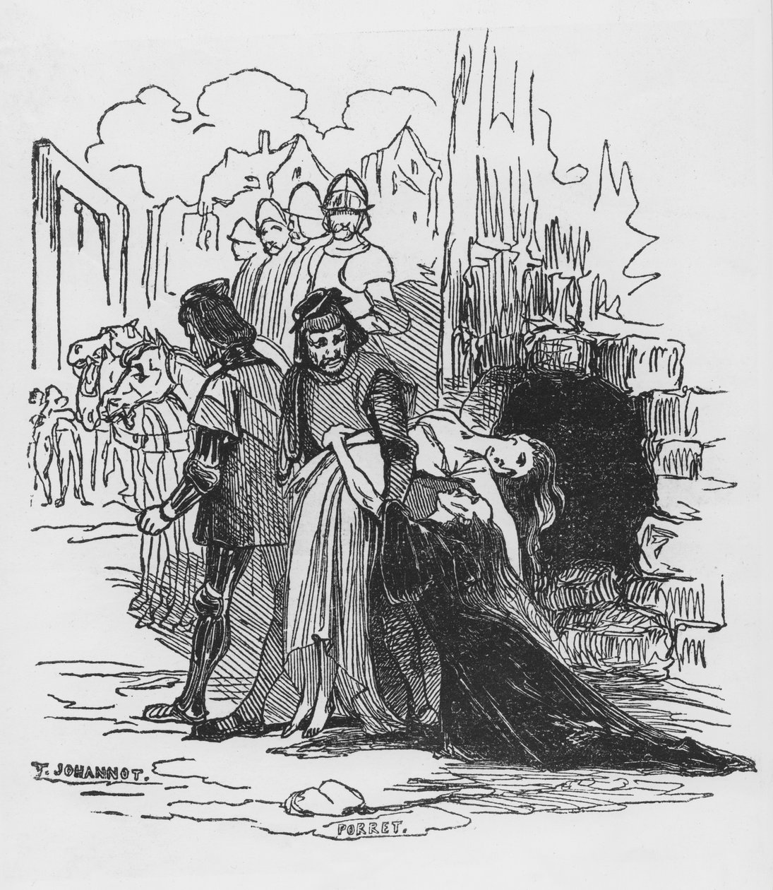 Soldater, der slæber en kvindelig fange væk, illustration til 
