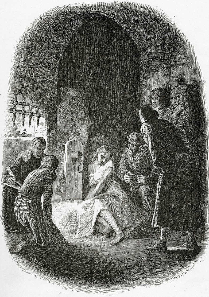 Forhøret af Esmeralda - illustration fra Notre Dame de Paris, 1800-tallet (bw-gravering) af Tony Johannot