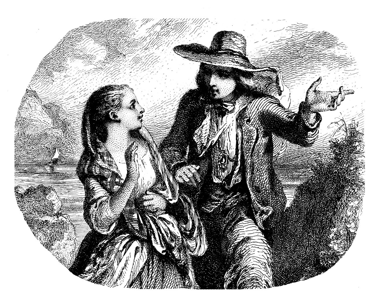 To elskende ved vandet (flod - sø - hav) med en båd (sejlbåd - sejlbåd) i det fjerne - radering (detalje) af Tony Johannot (Antoine Johannot sagde af Tony Johannot
