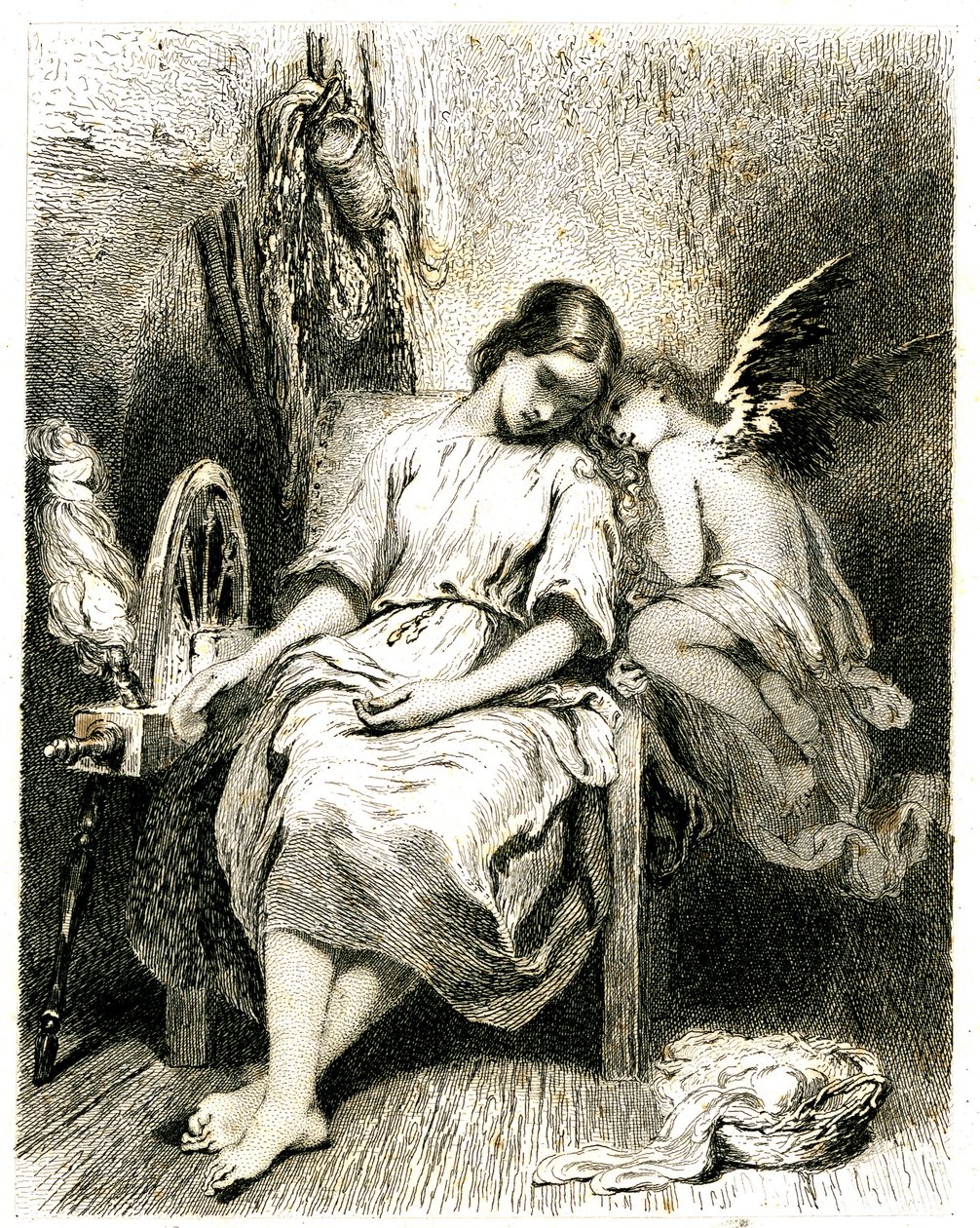 Ung kvinde (spinderske) sover ved sit hjul - en angelot læner sig over hendes skulder - søvn - drøm - drømmeri - kærlighed - kobberstik (radering 1845) af Tony Johannot (Antoine Johannot dit af Tony Johannot