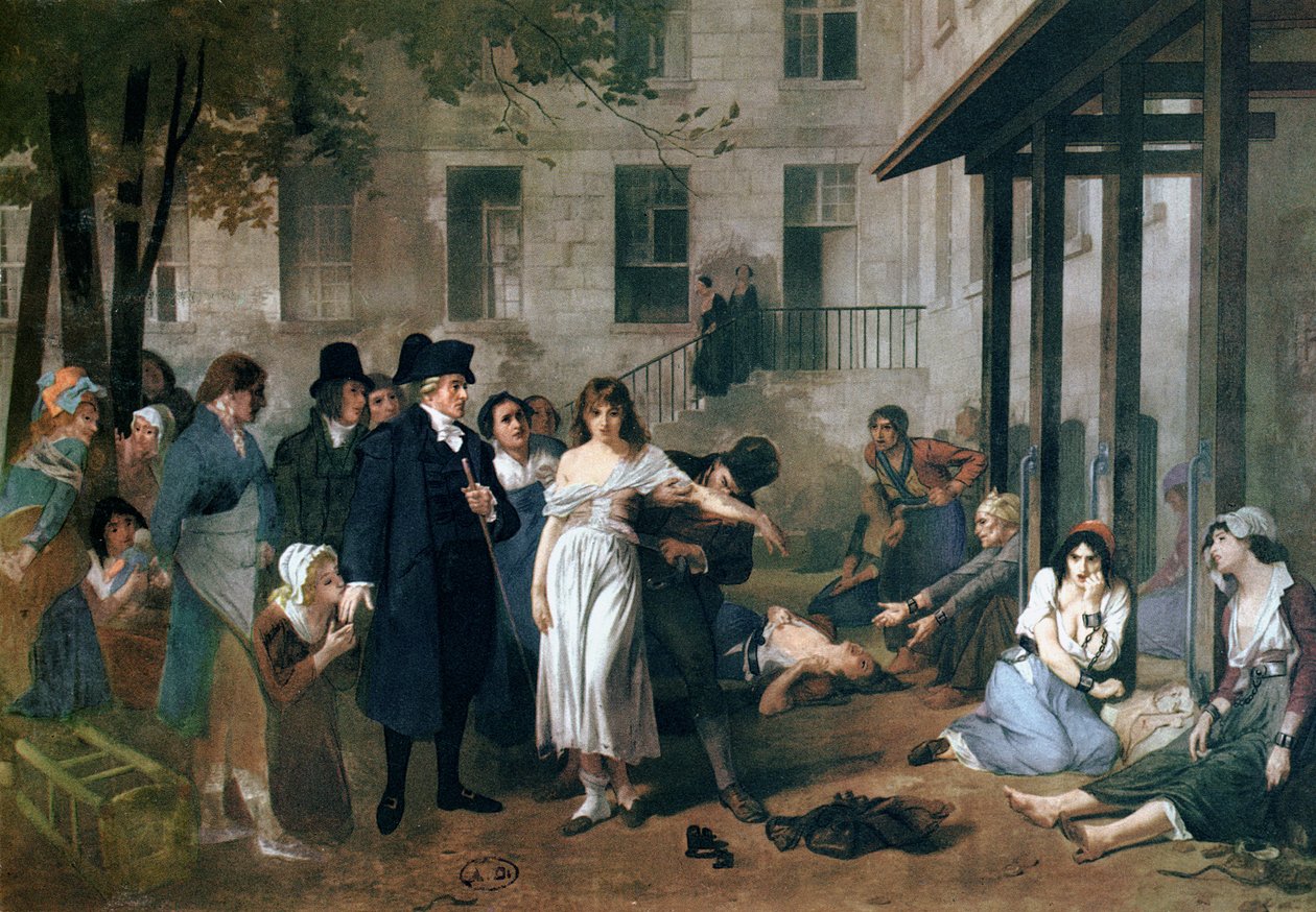 Philippe Pinel (1745-1826) løslod galninge fra deres lænker på Salpetriere-asylet i Paris i 1795 af Tony Robert Fleury