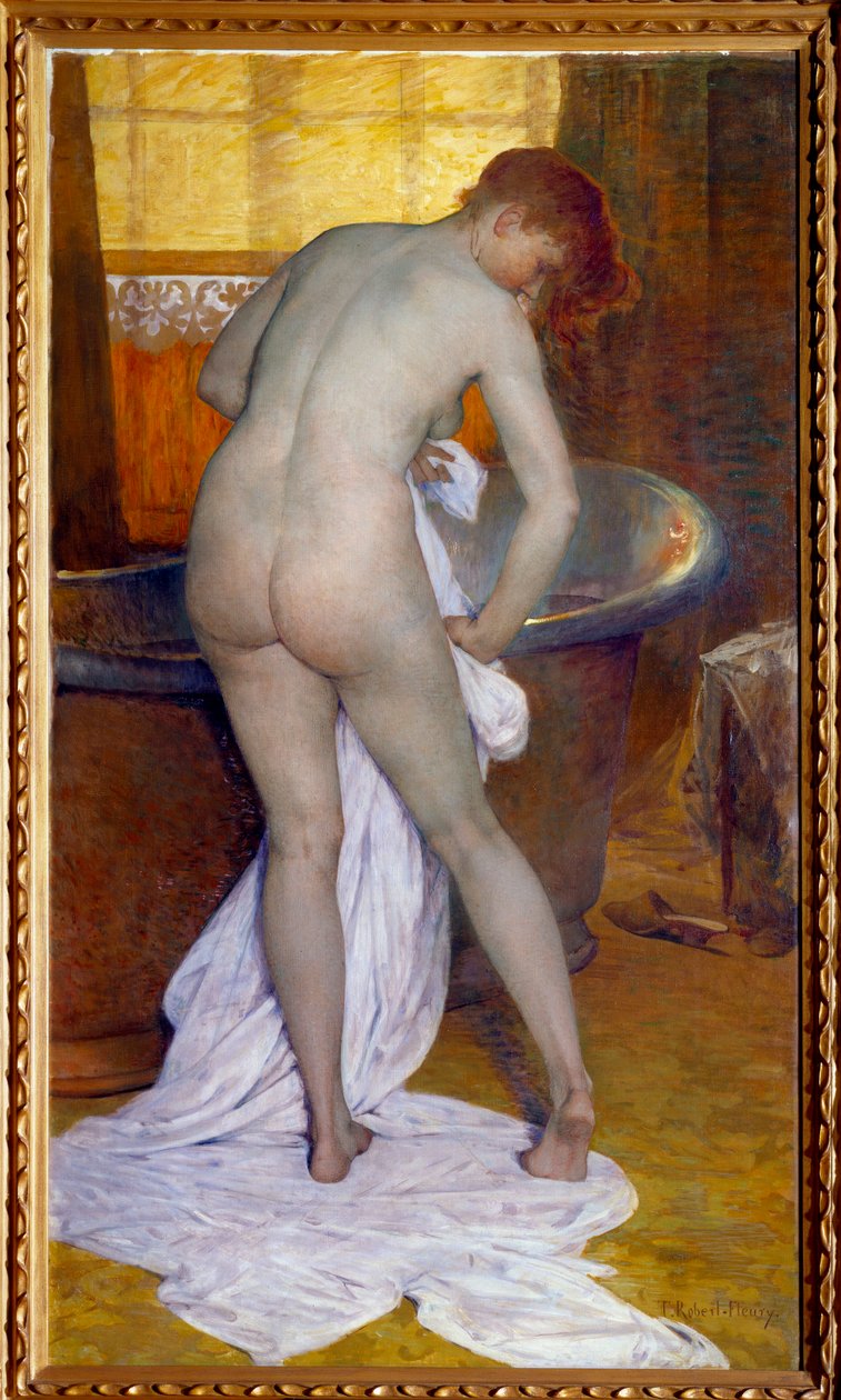 Badet. Scene på et badeværelse: En kvinde ud af badekarret tørrer sin nøgne krop med et håndklæde. Maleri af Tony Robert Fleury (1837-1912) af Tony Robert Fleury
