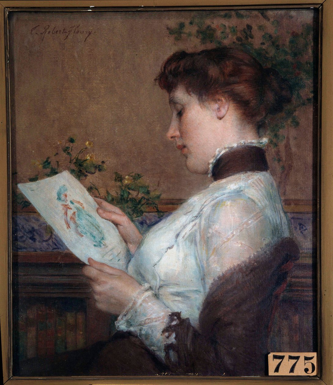 Billedet En kvinde, der beundrer en tegning. Maleri af Tony Robert Fleury (1837-1912) 1800-tallets Orleans, Musee des Beaux Arts af Tony Robert Fleury