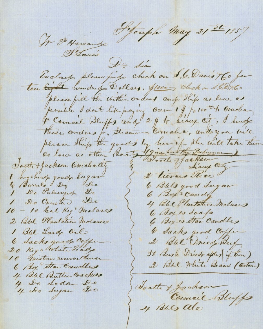 Brev signeret Tootle & Jackson, Council Bluffs, til W.P. Howard, St. Louis, 21. maj 1857 af Tootle and Jackson
