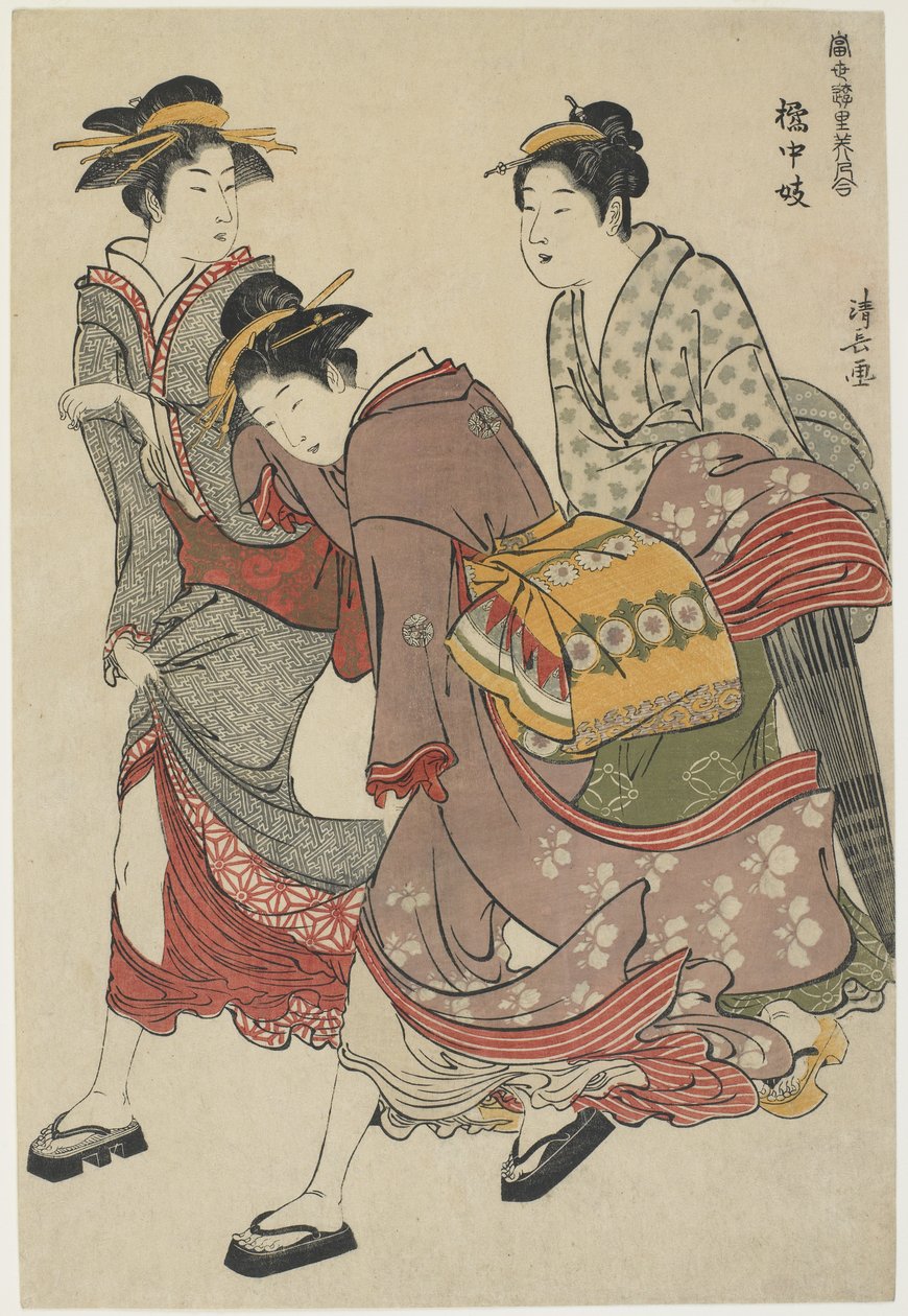 Underholdningsfolk i Tachibana-cho, 1782 (farve-træsnit) af Torii Kiyonaga
