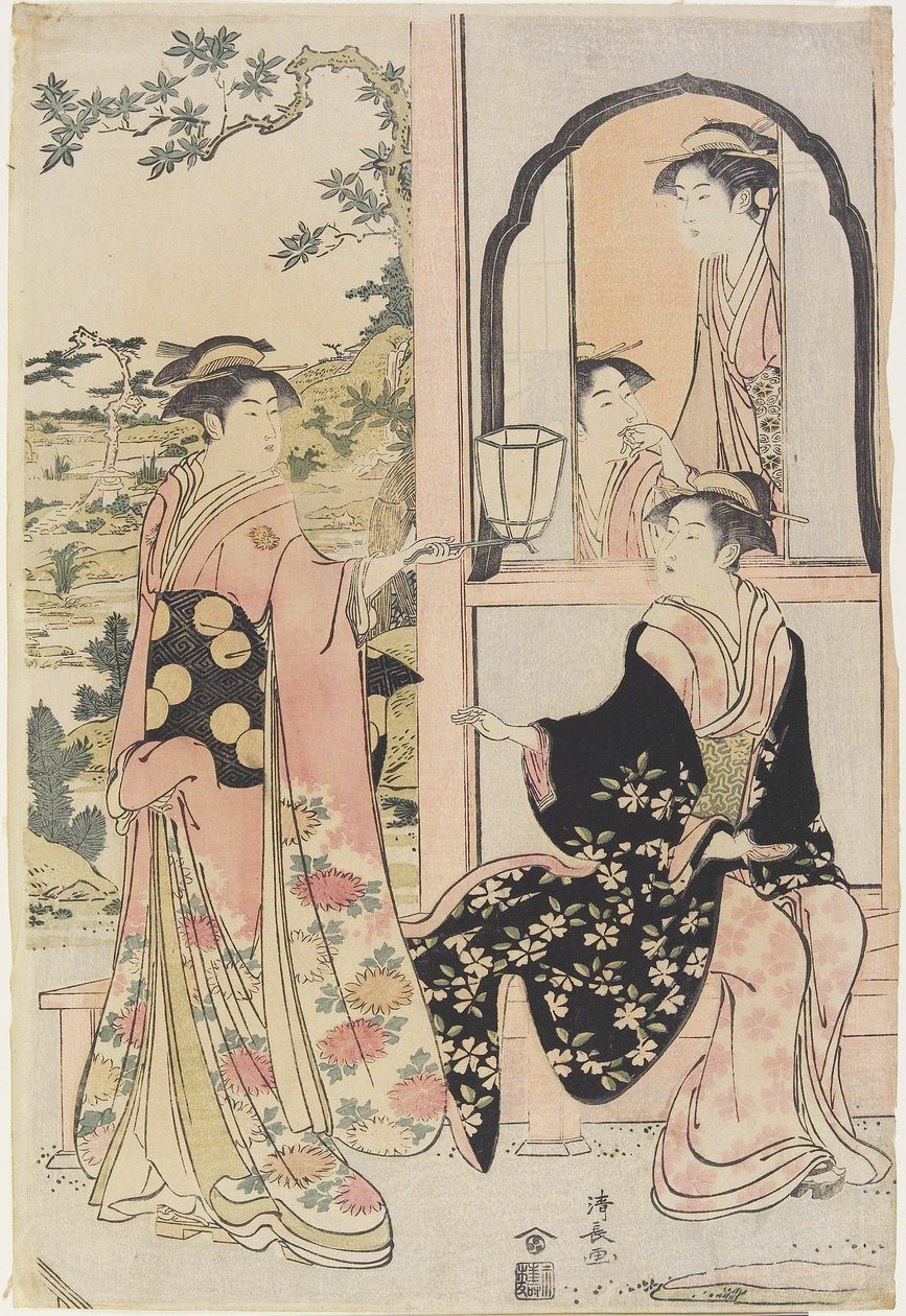 Fire kvinder i Mitate som Ushiwaka giver Jo_-ruri-hime en serenade, 1785 af Torii Kiyonaga