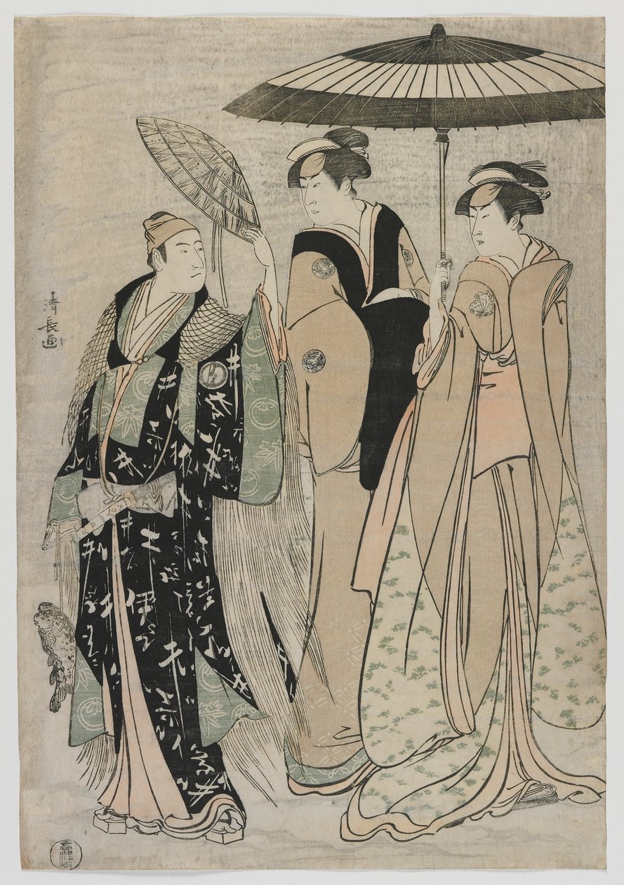 Tee c and rs Super Junior Yoritomo, Toshimi Nakamura As Kiyotaki, Mangiku Yamashita som Masa, Edo Perio d, 1784 (Dette er DBck p Hayashi t) af Torii Kiyonaga