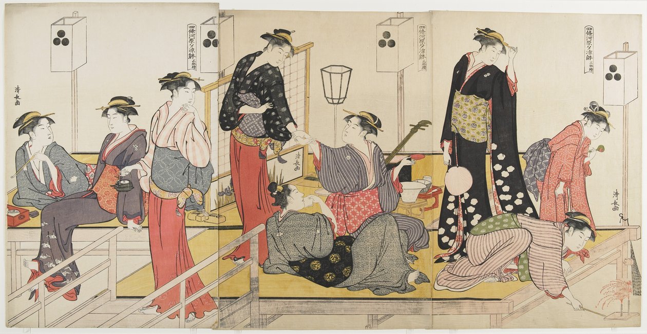 Triptykon om Afkøling om Aftenen ved Shijo_ Riverbank, 1784 af Torii Kiyonaga