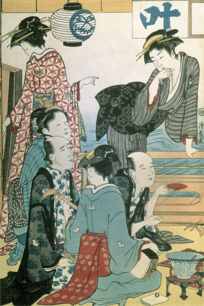 Women of the Gay Quarters, venstre panel af en diptykon (farvet træbloktryk) (se også 114572) af Torii Kiyonaga
