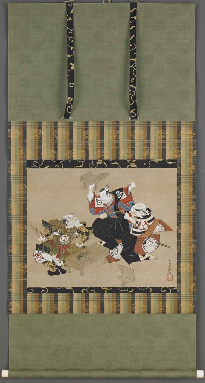 Scene fra et kabuki-spil, Edo-perioden (blæk, farve og guld på papir) af Torii Kiyonobu I Torii Kiyonobu I