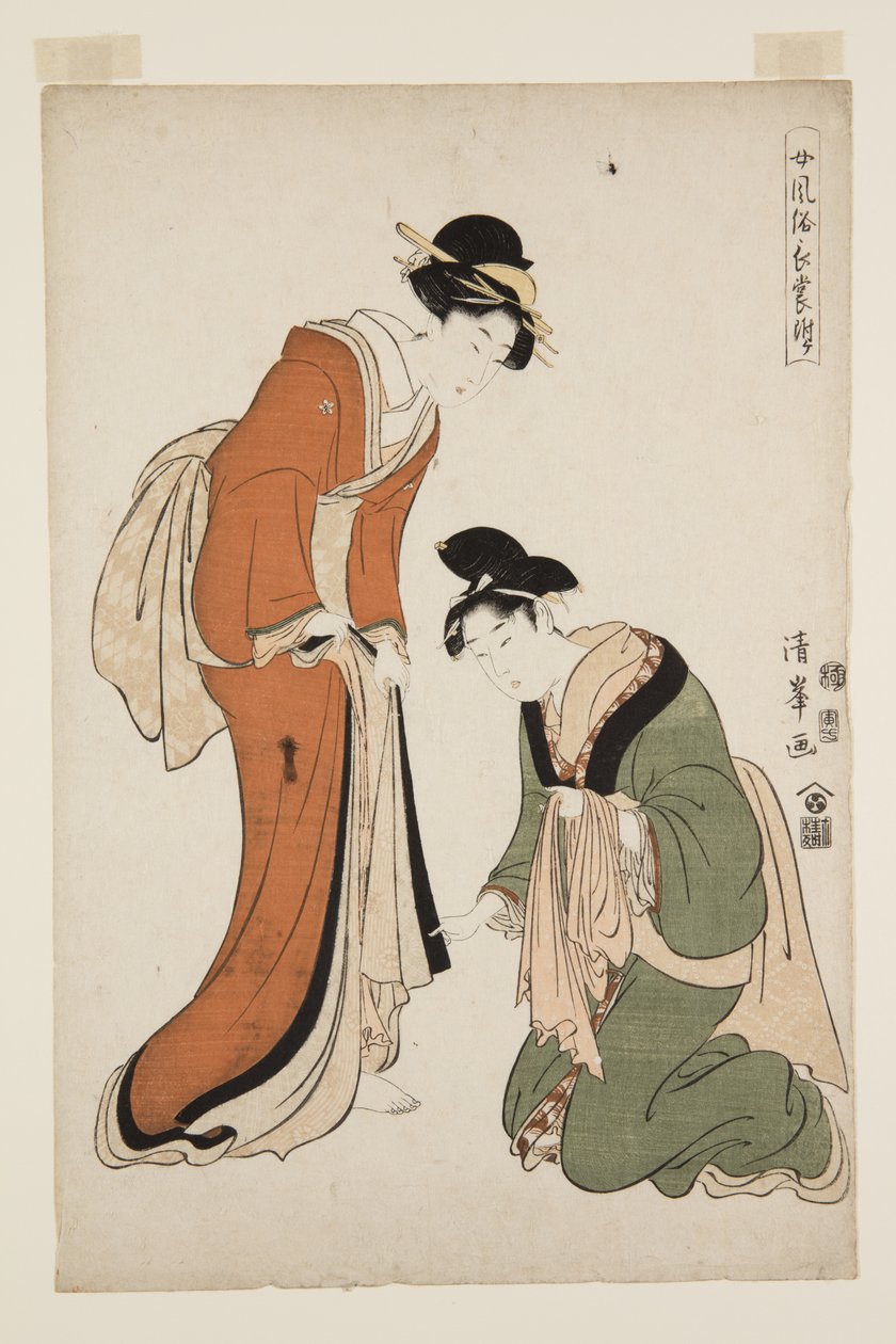 Moderigtige lange kjoler til kvinder (Onna f?zoku-ch? mo fuke) (træbloktryk i farver) af Torii (Torii Kiyomitsu II) Kiyomine
