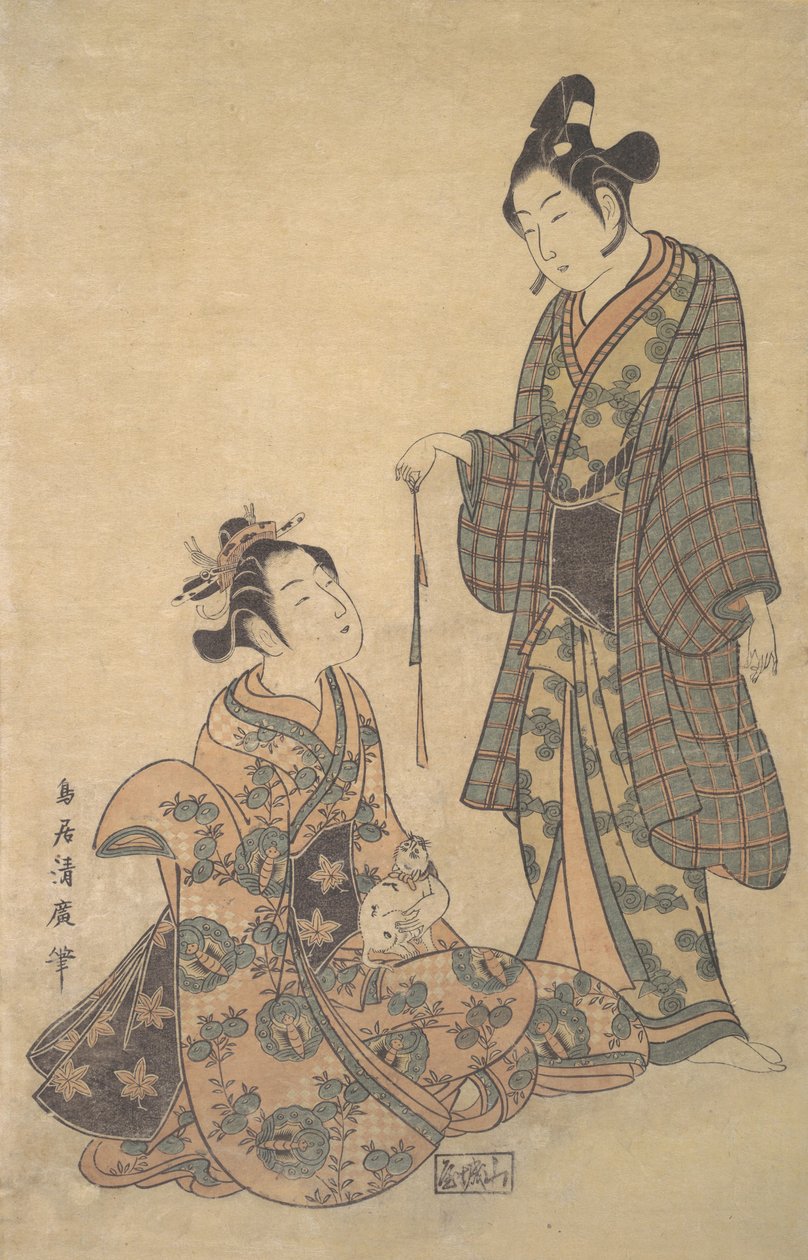 Kvinde sidder og holder en kat, ca. 1755. af Torii Kiyohiro