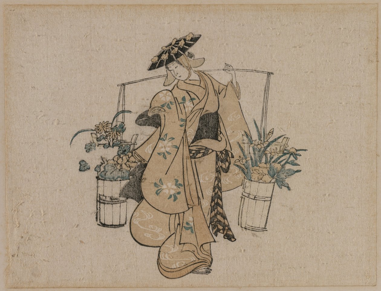 En skønhed, der bærer to spande blomster, ca. 1696-1716. af Torii Kiyomasu